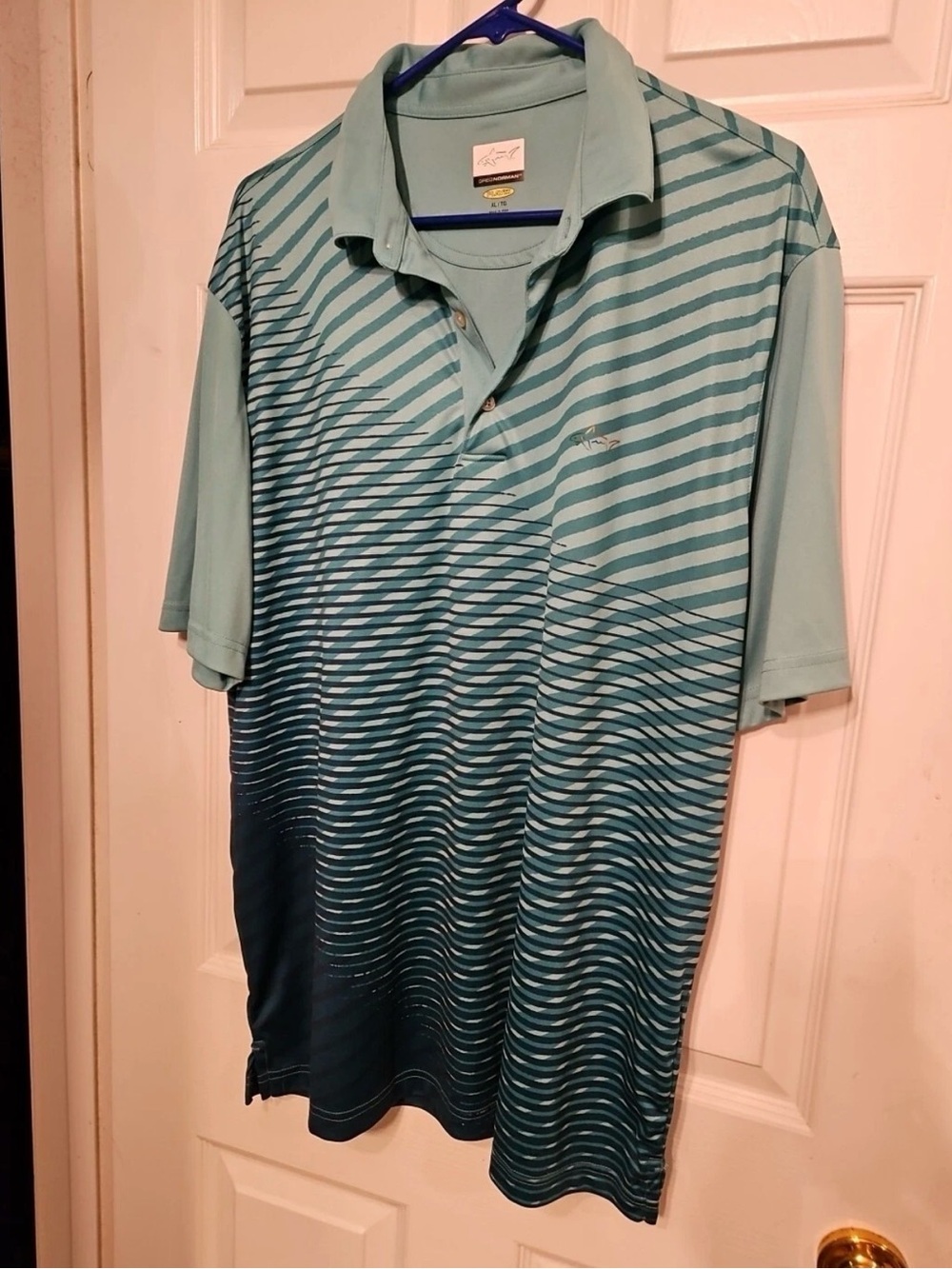 Greg Norman XL Golf Polo Shirt Mens Green Striped Play Dry Performance Casual